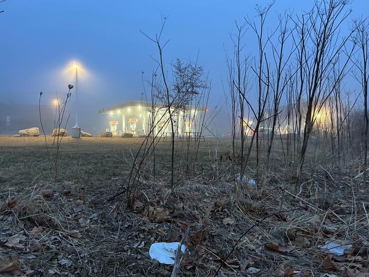 A gas station lit up in the fog at night, from behind bushes, litter on the ground.