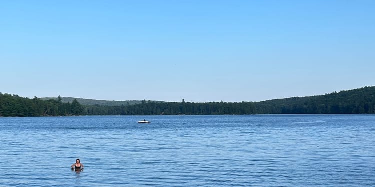 Picture of sunny pond with person in foreground, boat in background, blue sky