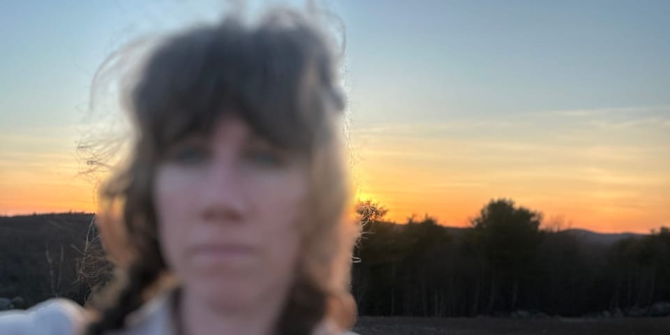 blurry faced white-skinned human with bangs in front of sunset
