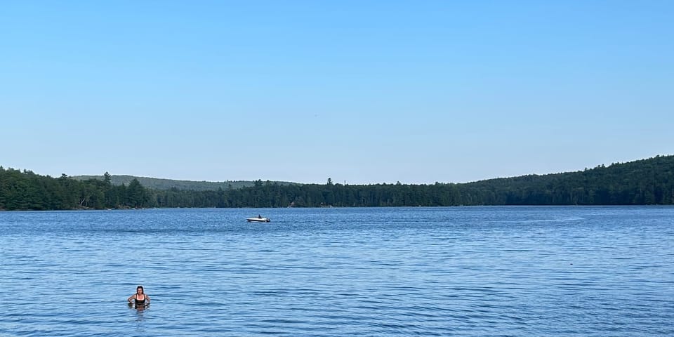 Picture of sunny pond with person in foreground, boat in background, blue sky